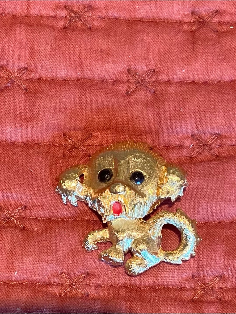 Monet Gold Tone Puppy Brooch with Red Accent